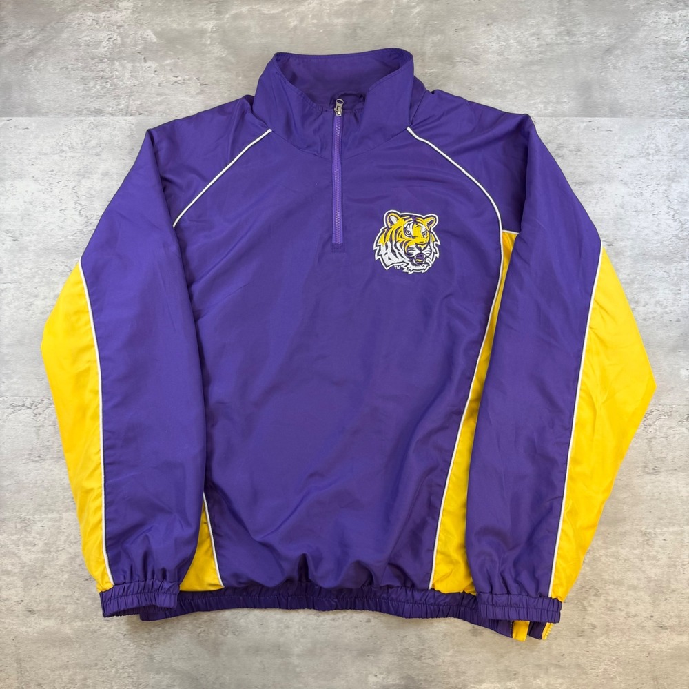 58 Sports LSU Tigers Windbreaker Jacket Mens XL Purple Yellow Quarter Zip Lined